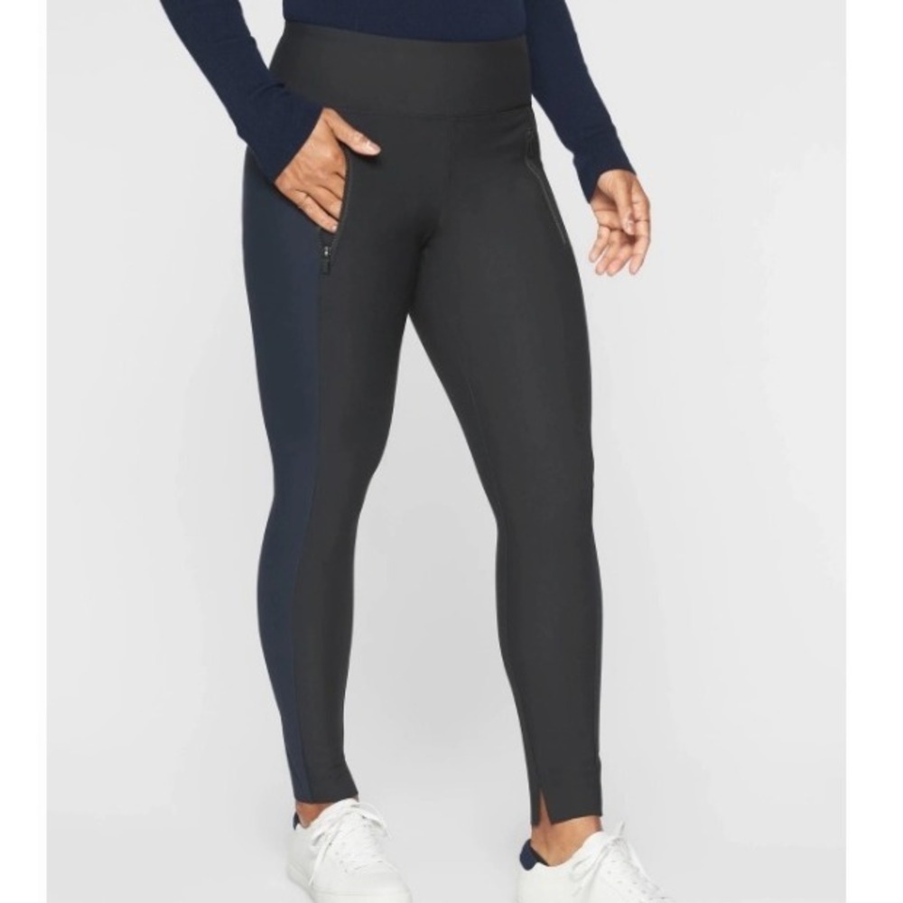 Athleta Stellar Tight Black Navy Side Panel Zip Pocket Leggings Women Size Large